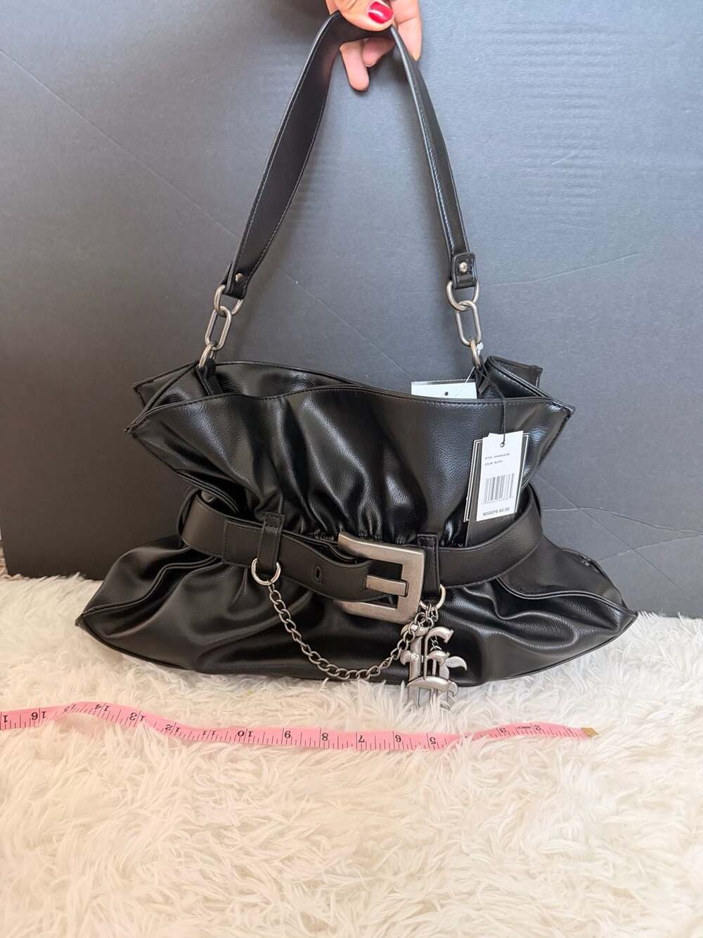 Ed Hardy Black Faux Leather Belted Shoulder Handbag New With Tags